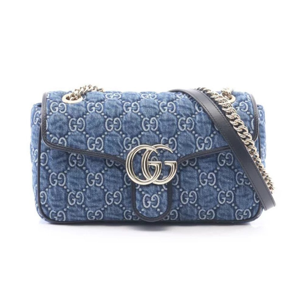 Gucci GG Marmont Quilted Denim Leather Shoulder Bag Navy Blue Black